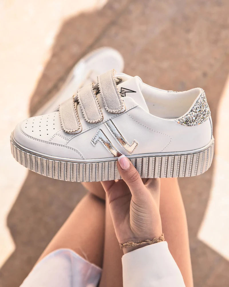 Zapatillas blancas mujer con velcro CLE03 SILVER