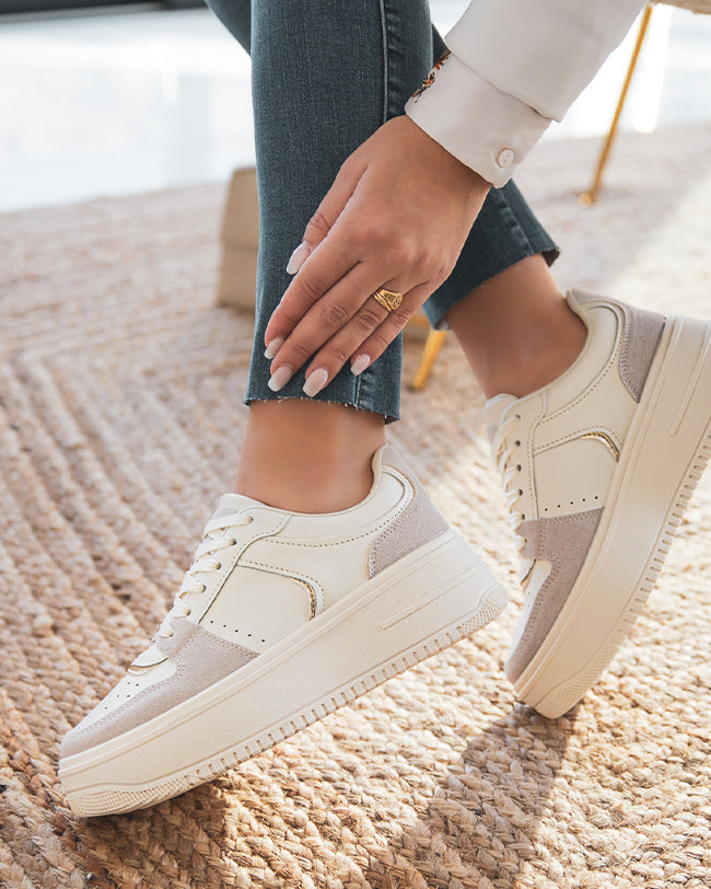 Zapatillas plataforma mujer beige con cordones Amalia