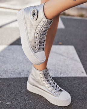 Zapatillas altas mujer plateadas con cordones - Kelly - Casualmode.es
