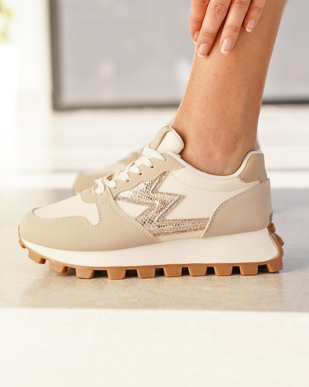 Zapatillas plataforma mujer beige con cordones - Oriane
