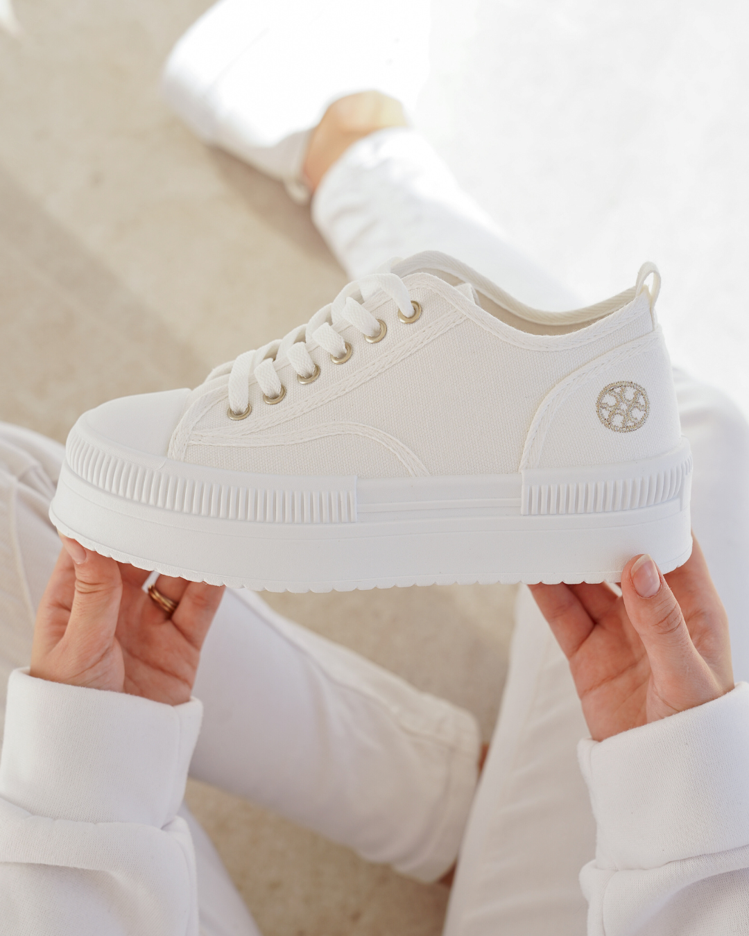 Zapatillas plataforma mujer blancas con cordones - Odette