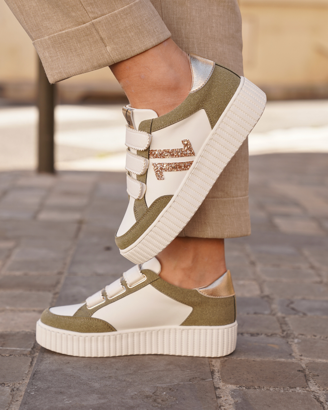 Zapatillas mujer creepers caqui con velcro - CL83 KAKI