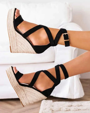 Sandale femme compensé daim noir - Elise - Casual Mode
