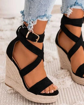 Sandale femme compensé daim noir - Elise - Casual Mode