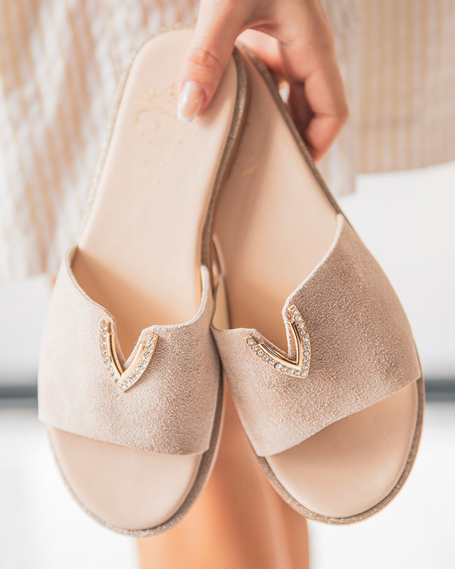 Sandale plate en cuir beige femme - MJNP-88 - Casual Mode